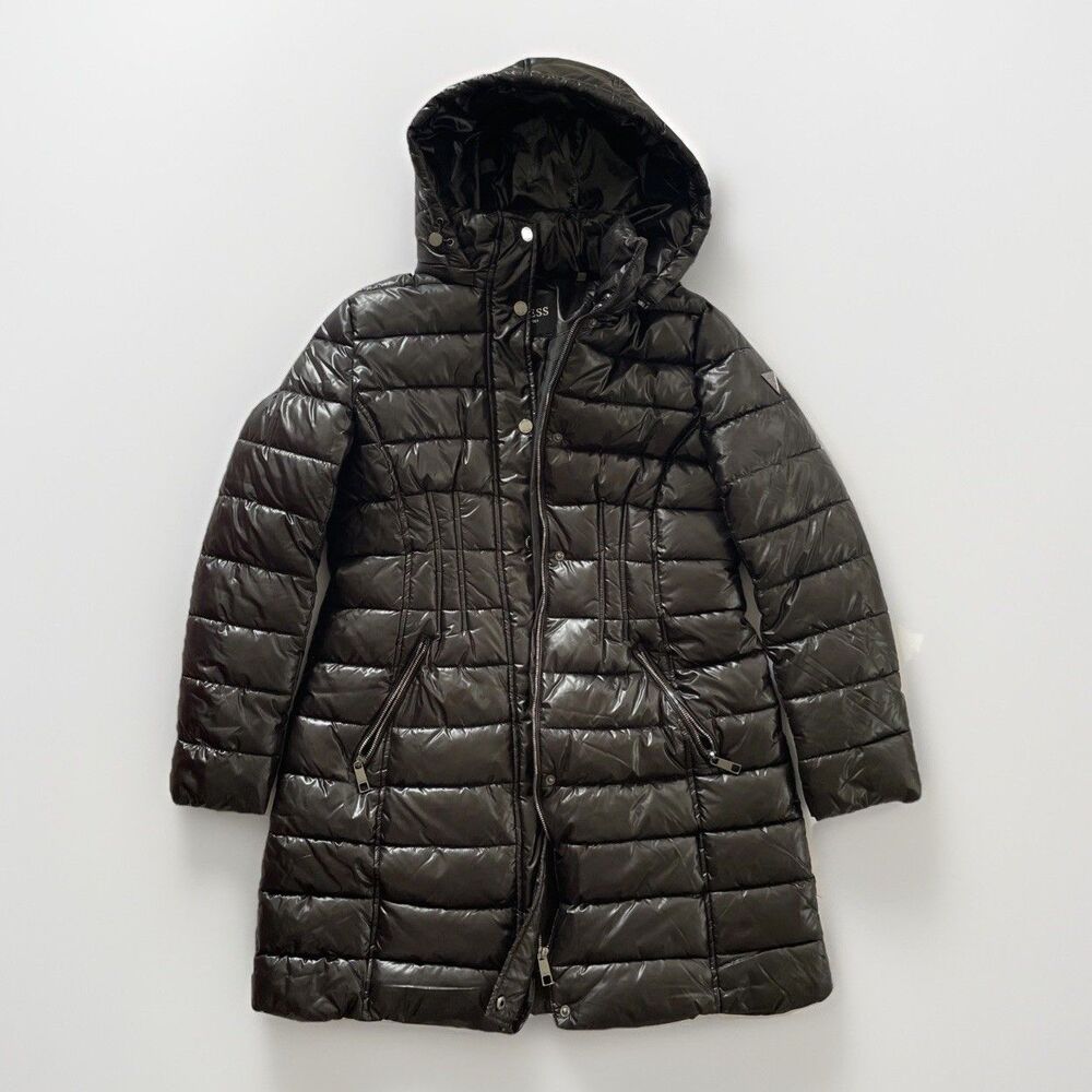 Women’s GUESS Longline Black Winter Hooded Puffer Jacket W/Removeable Hood L